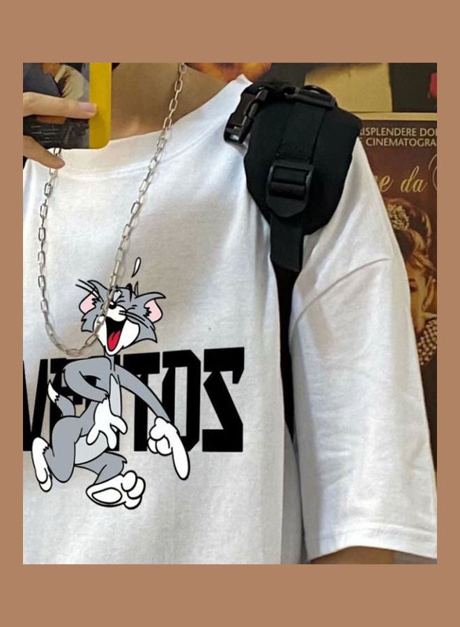 Summer Fashion Short Sleeve Round Neckline Cartoon Printing T-Shirt Tops White  - Image 4