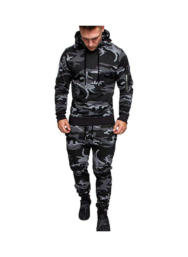 Zippered Long-Sleeve Hooded Trouser Suit Gray camouflage  - Image 1