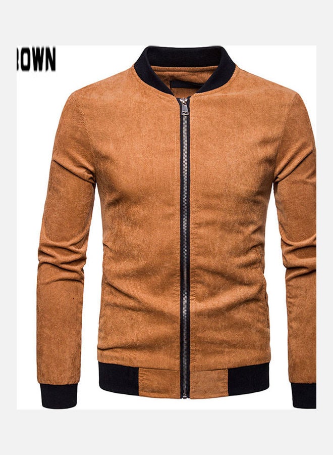 Long-sleeved Front Zipper Closure Top Brown  - Image 1