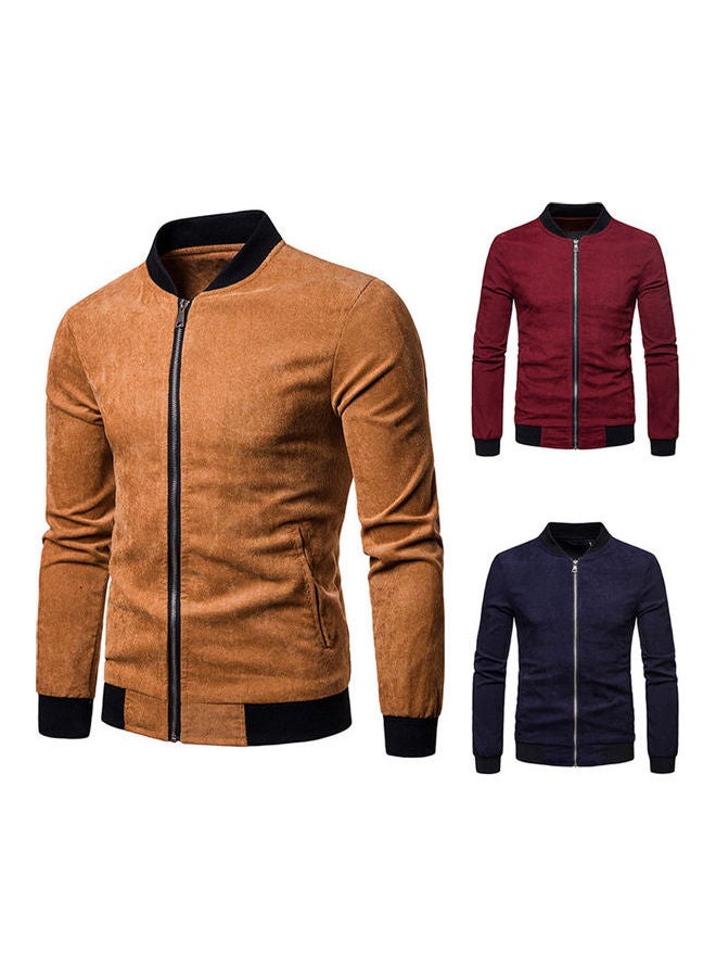 Long-sleeved Front Zipper Closure Top Brown  - Image 3
