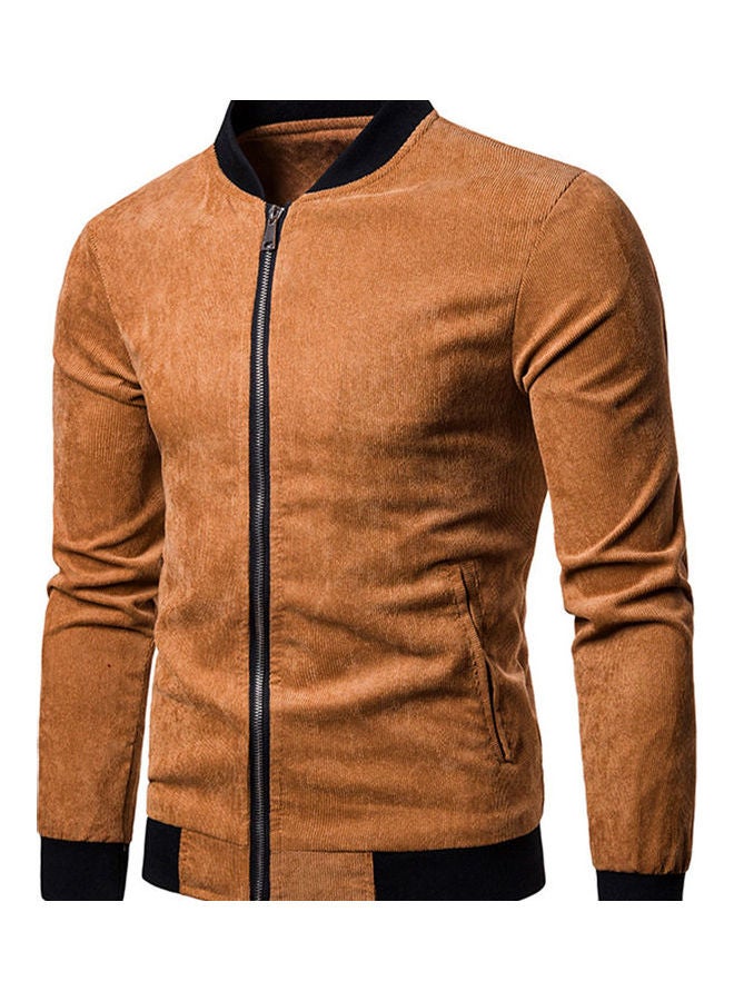Long-sleeved Front Zipper Closure Top Brown  - Image 4