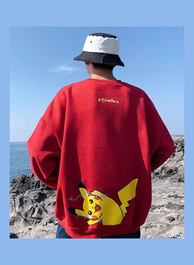 بلوفر بتصميم عصري وأكمام طويلة مزين برسومات كرتونية ومناسب للاستخدام اليومي أحمر - Image 1