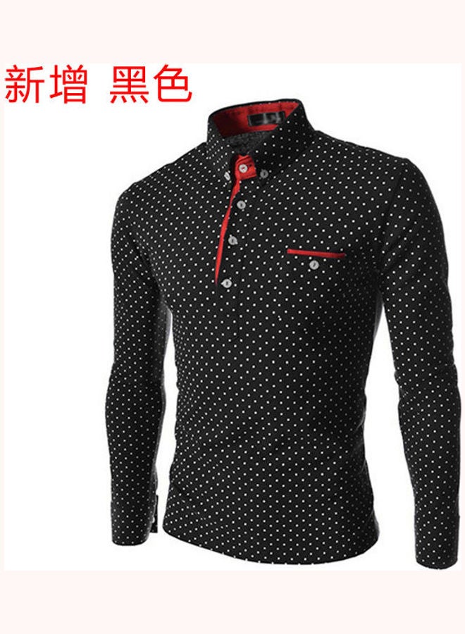 Lapel Top With Dots Decor Long Sleeves Slim Pullover black  - Image 1