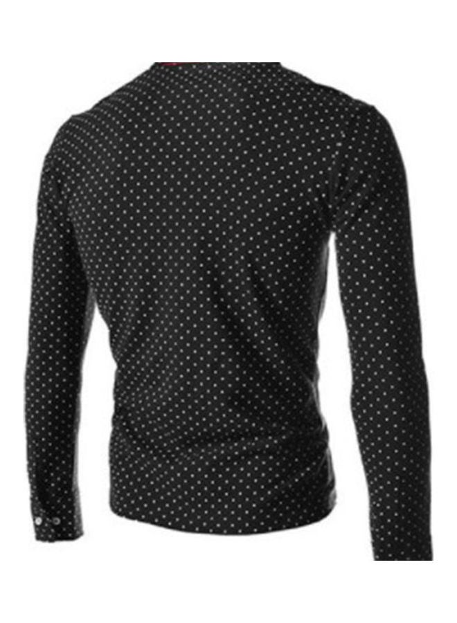 Lapel Top With Dots Decor Long Sleeves Slim Pullover black  - Image 2