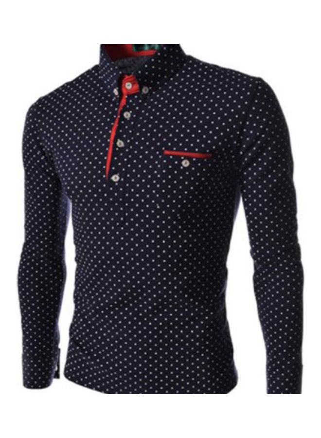 Lapel Top With Dots Decor Long Sleeves Slim Pullover black  - Image 4