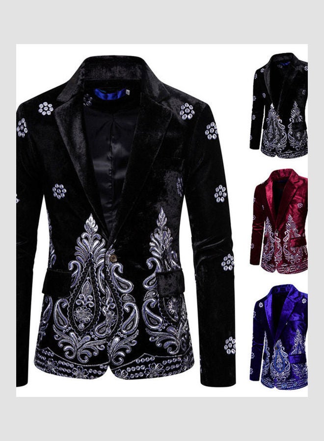 Generic - Velvet Suit V-Neck Lapel Embroidery Floral Coat black - Image 1