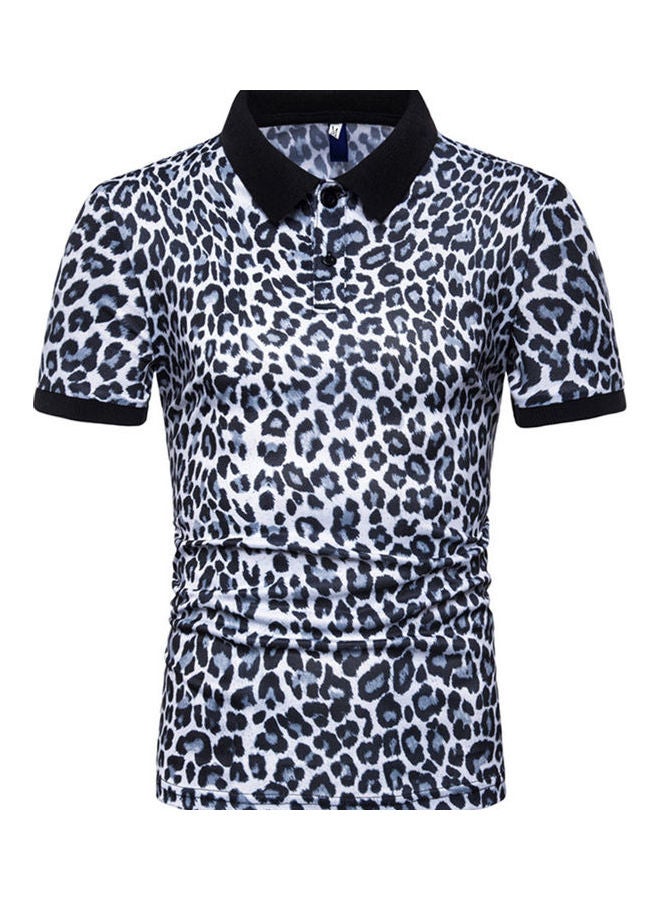 Leopard Printed Short Sleeve Elastic Casual Pullover Tops White  - Image 1