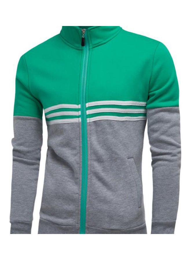 Colour Matching Stand Collar Jacket Green/Grey