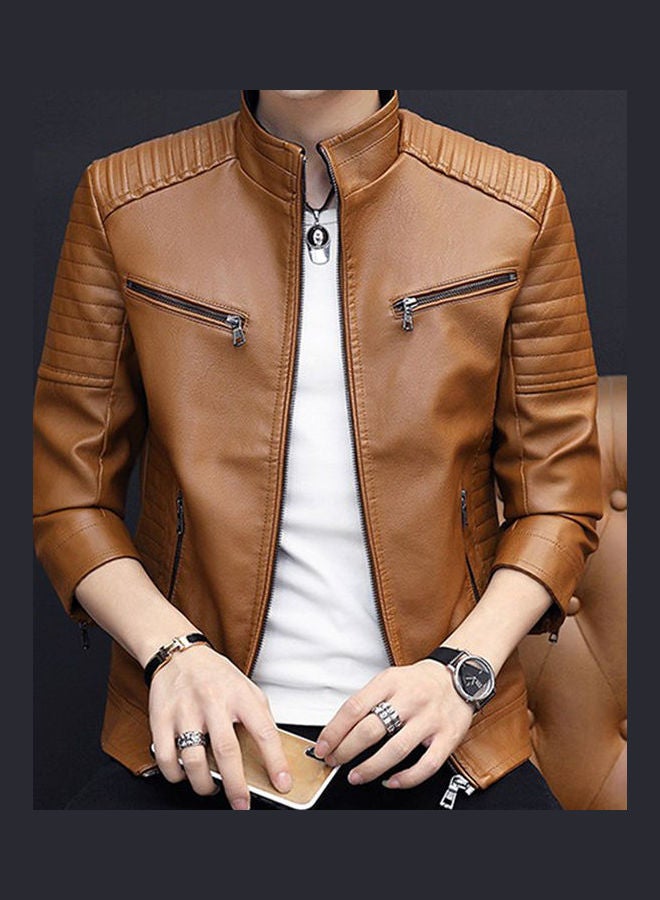 Long Sleeves Leather Jacket Brown  - Image 2