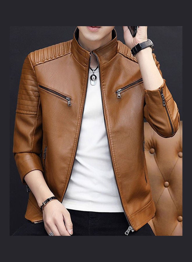 Long Sleeves Leather Jacket Brown  - Image 3