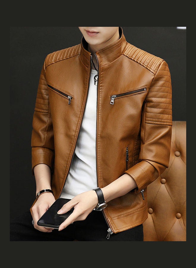 Long Sleeves Leather Jacket Brown  - Image 4