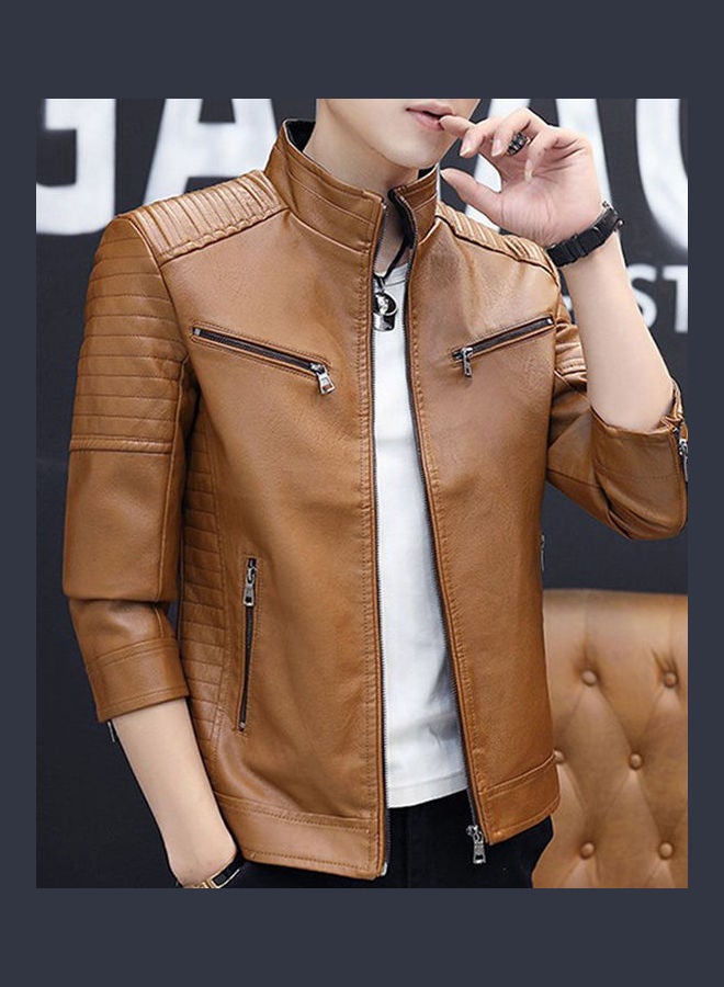 Long Sleeves Leather Jacket Brown  - Image 1