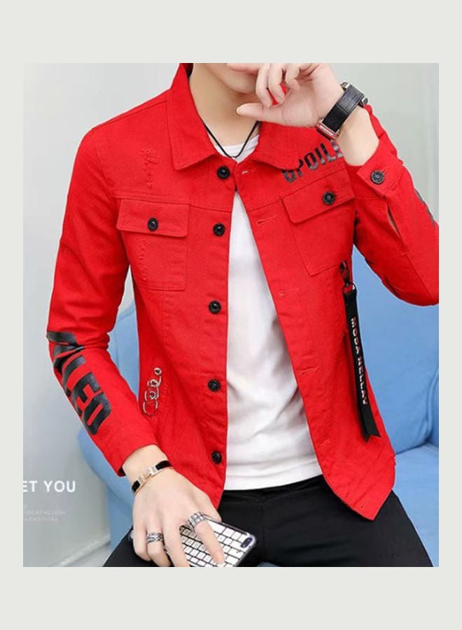 Slim Casual Coat Denim Jacket Tops red - Image 2