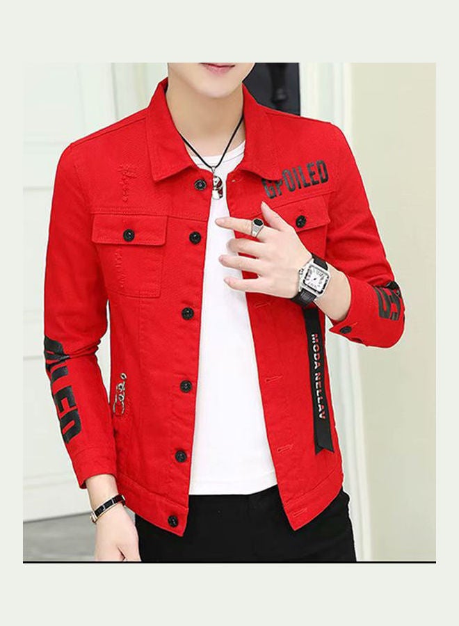 Slim Casual Coat Denim Jacket Tops red - Image 3