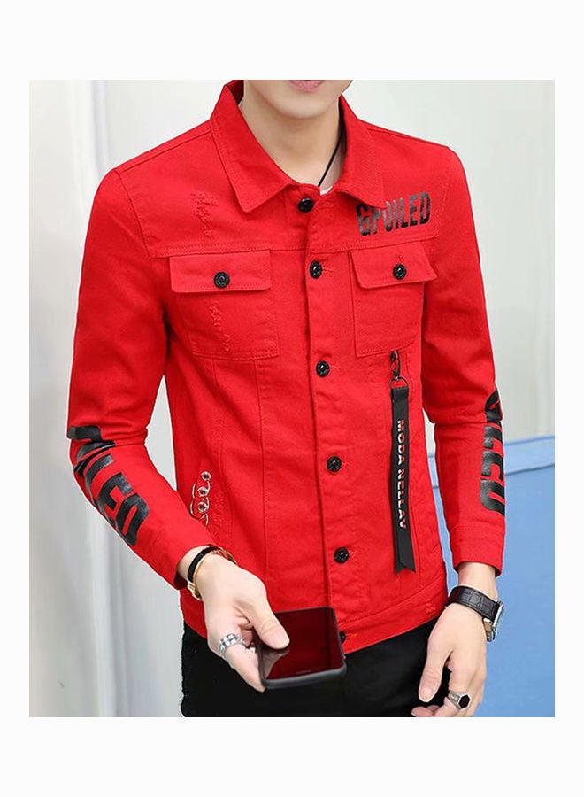 Slim Casual Coat Denim Jacket Tops red - Image 4