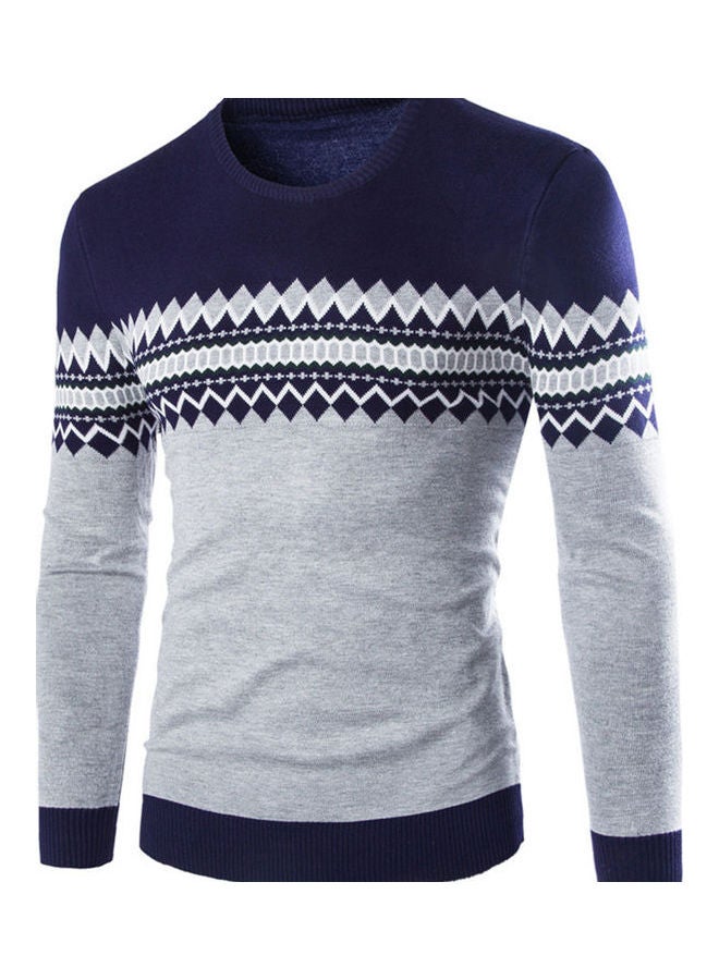 Slim Pullover Long Sleeves Round Collar Sweater Navy  - Image 1