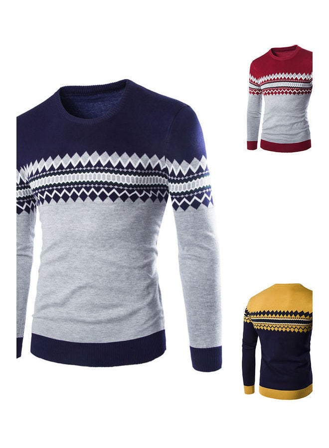 Slim Pullover Long Sleeves Round Collar Sweater Navy  - Image 3
