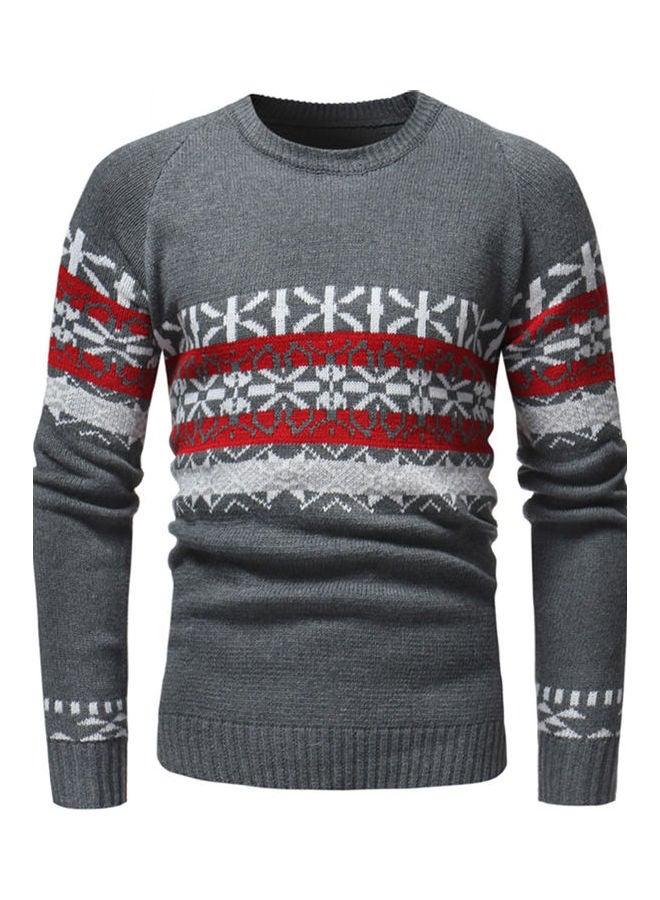 Casual Printed Crew Neck Sweater Grey/White/Red