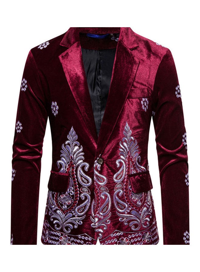 Velvet Suit V-Neck Lapel Embroidery Floral Coat wine red - Image 1