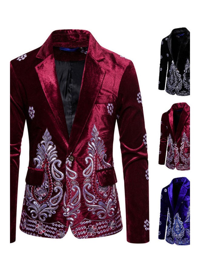 Velvet Suit V-Neck Lapel Embroidery Floral Coat wine red - Image 3