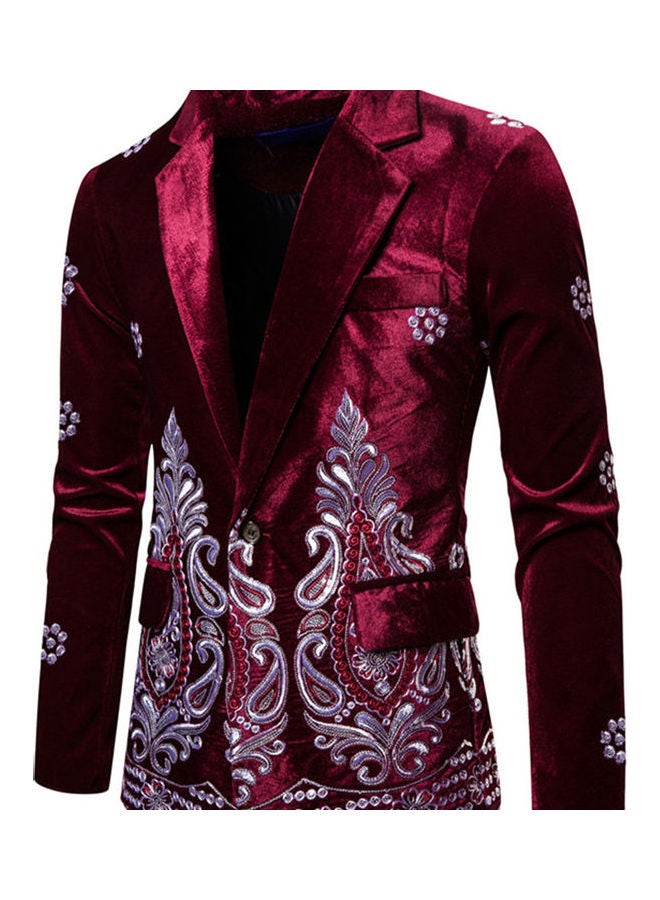 Velvet Suit V-Neck Lapel Embroidery Floral Coat wine red - Image 4
