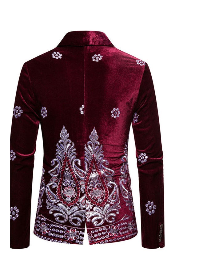 Velvet Suit V-Neck Lapel Embroidery Floral Coat wine red - Image 5