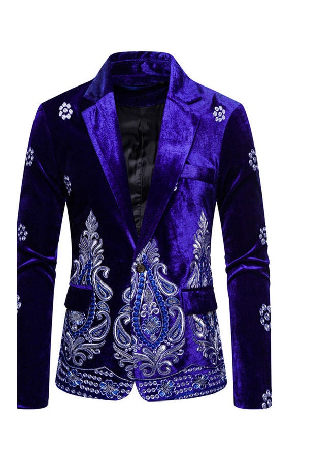 Velvet Suit V-Neck Lapel Embroidery Floral Coat Royal blue  - Image 1