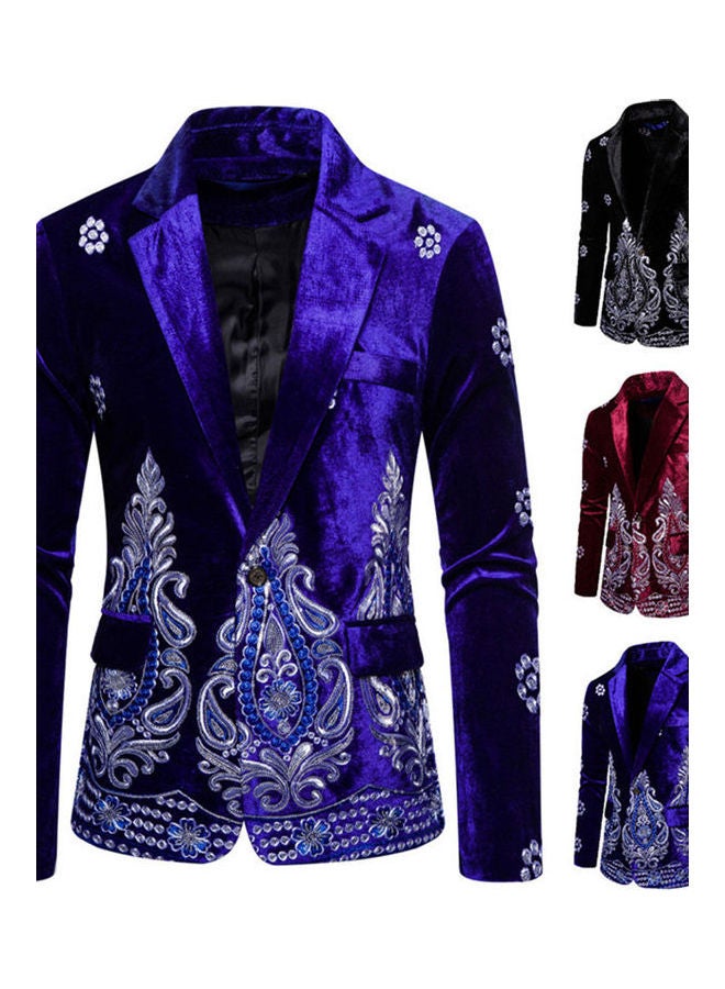 Velvet Suit V-Neck Lapel Embroidery Floral Coat Royal blue  - Image 3