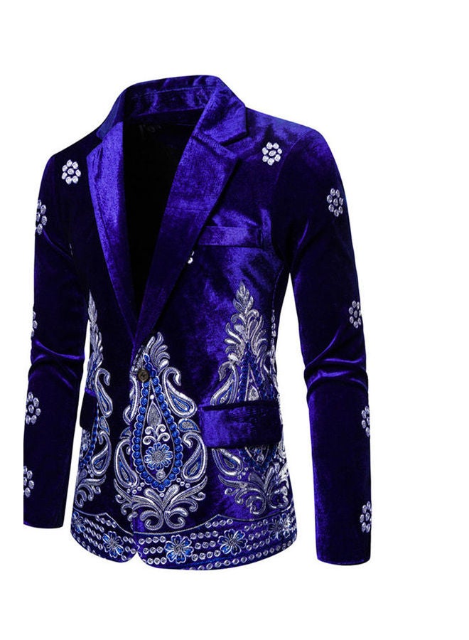 Velvet Suit V-Neck Lapel Embroidery Floral Coat Royal blue  - Image 4