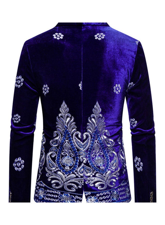 Velvet Suit V-Neck Lapel Embroidery Floral Coat Royal blue  - Image 5