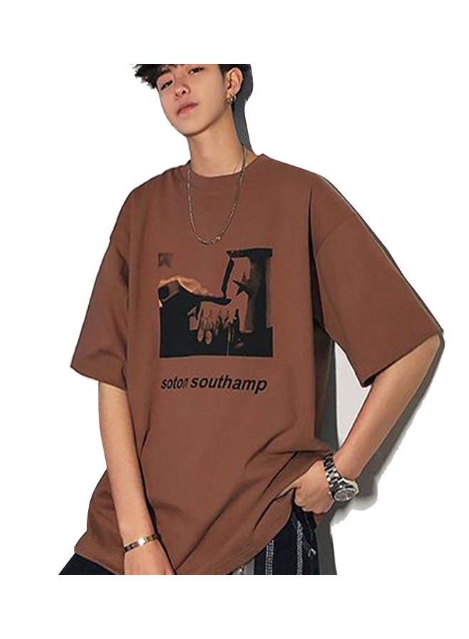 Casual Printed Round Neck T-Shirt Brown - Image 1