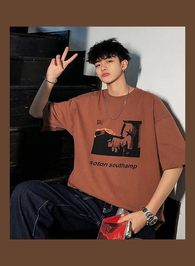 Casual Printed Round Neck T-Shirt Brown - Image 5