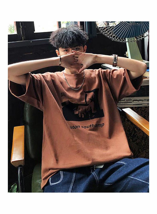Casual Printed Round Neck T-Shirt Brown - Image 2