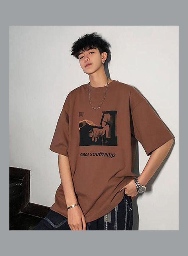 Casual Printed Round Neck T-Shirt Brown - Image 3