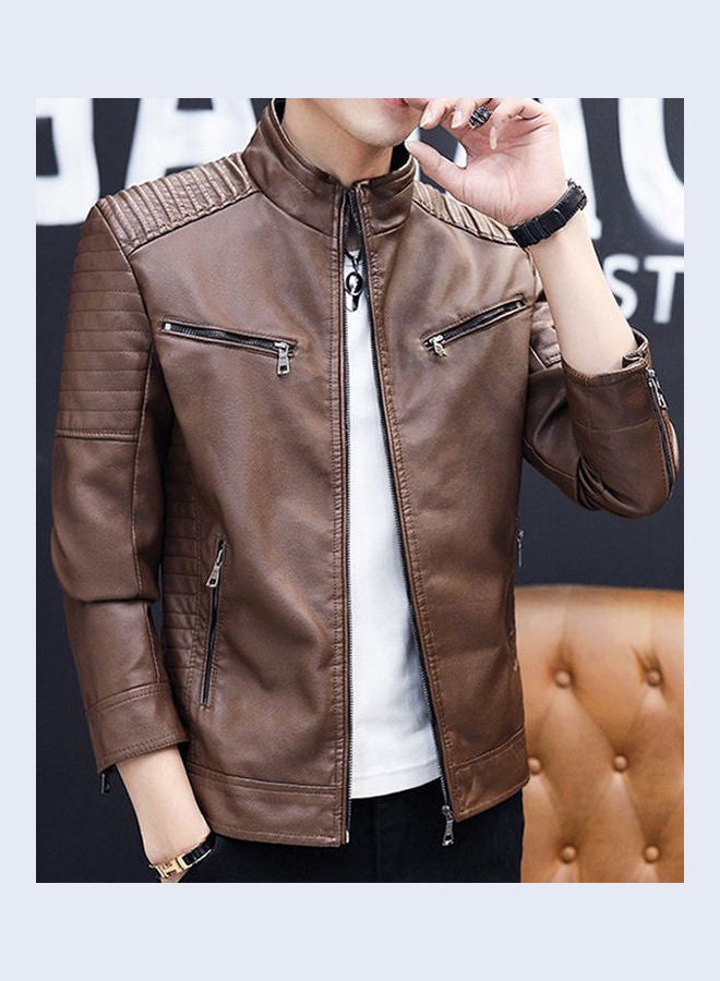Long Sleeves Leather Jacket Brown  - Image 1