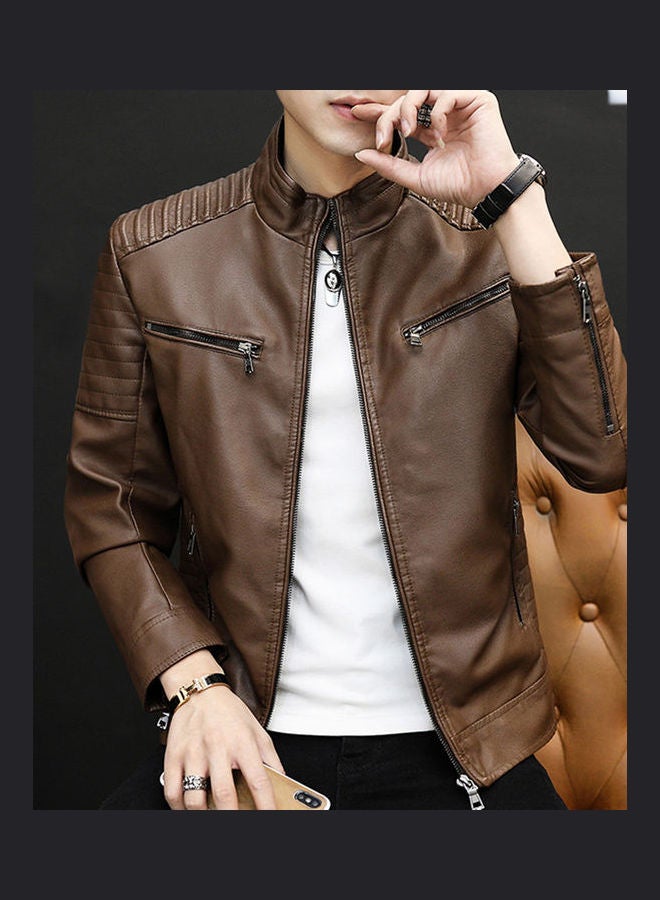 Long Sleeves Leather Jacket Brown  - Image 2