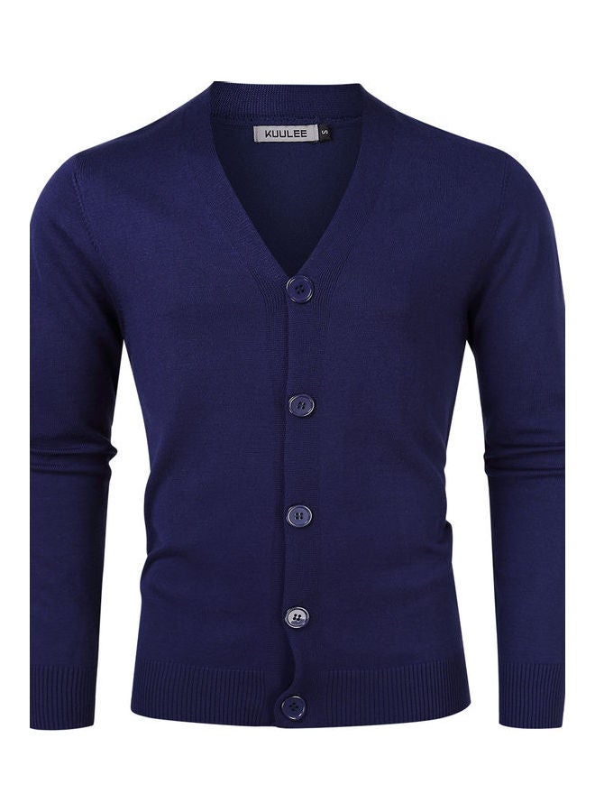 Generic - Casual V Neck Long Sleeve Knitted Button Down Cardigan Royal Blue - Image 1