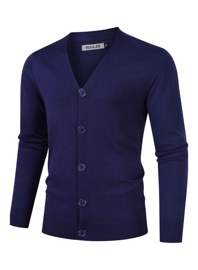 Generic - Casual V Neck Long Sleeve Knitted Button Down Cardigan Royal Blue - Image 1