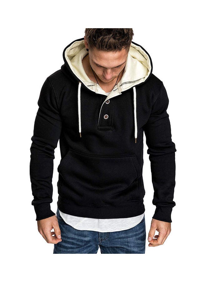 Spring Autumn Fashion Round Collar Button Decor Hooded Fleece black - Image 1