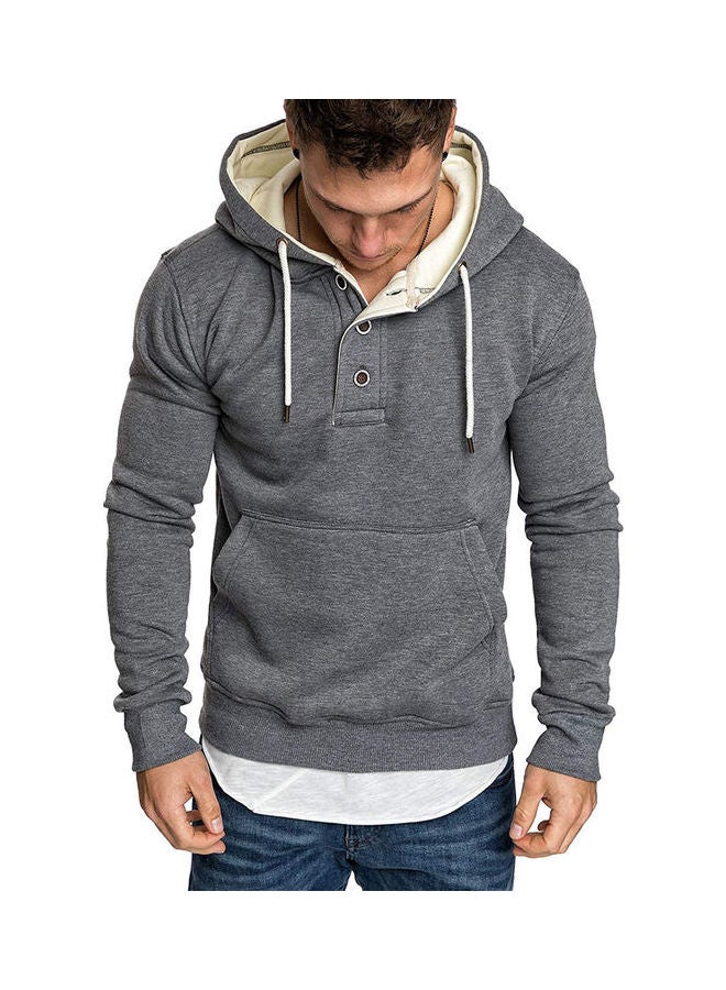 Spring Autumn Fashion Round Collar Button Decor Hooded Fleece Dark gray - Image 1
