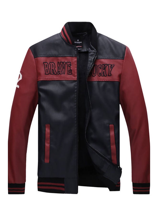 Best Fit PU Leather Long Sleeve Biker Jacket With Letters Decor Black/Red  - Image 1