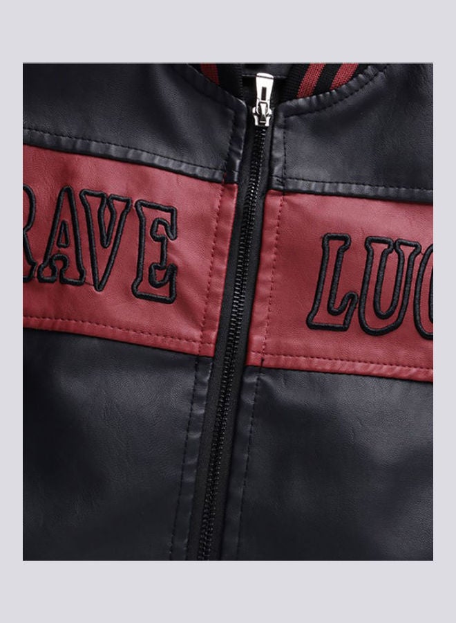 Best Fit PU Leather Long Sleeve Biker Jacket With Letters Decor Black/Red  - Image 3