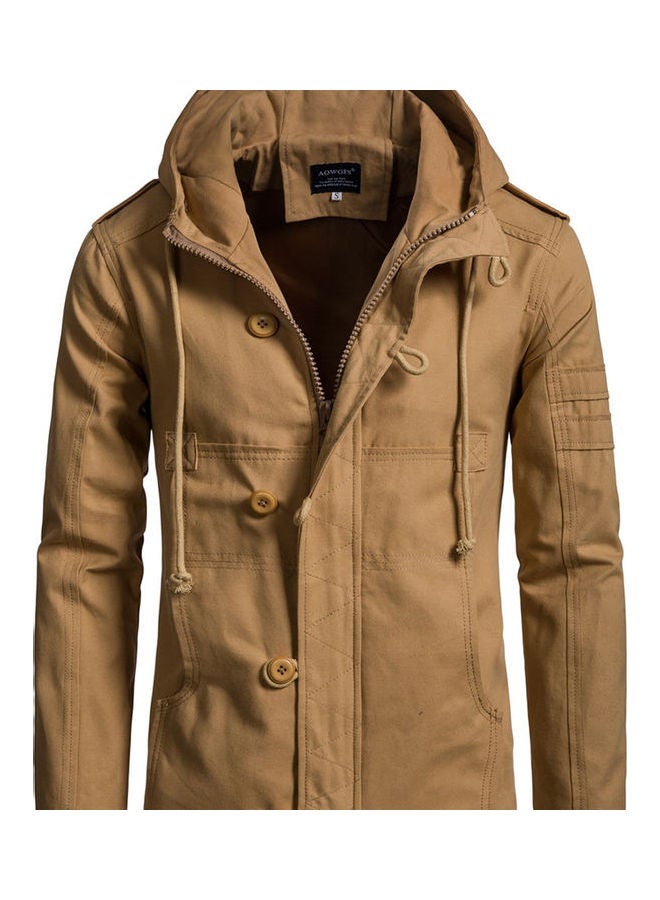 Hooded Slim-fit Leisure Style Jacket Khaki  - Image 1