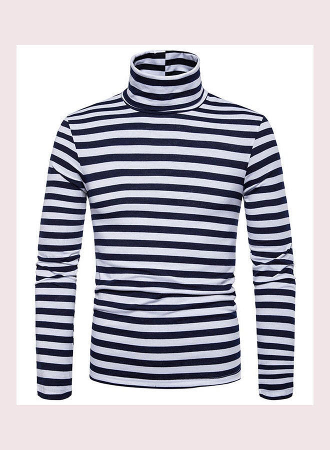 Striped Turtleneck Long Sleeve T-Shirt Navy Blue - Image 1