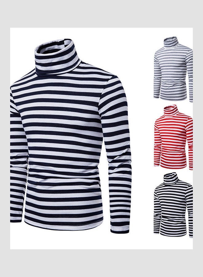 Striped Turtleneck Long Sleeve T-Shirt Navy Blue - Image 5
