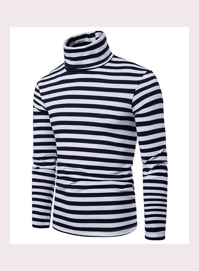 Striped Turtleneck Long Sleeve T-Shirt Navy Blue - Image 2