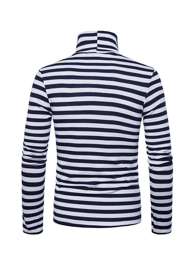 Striped Turtleneck Long Sleeve T-Shirt Navy Blue - Image 3