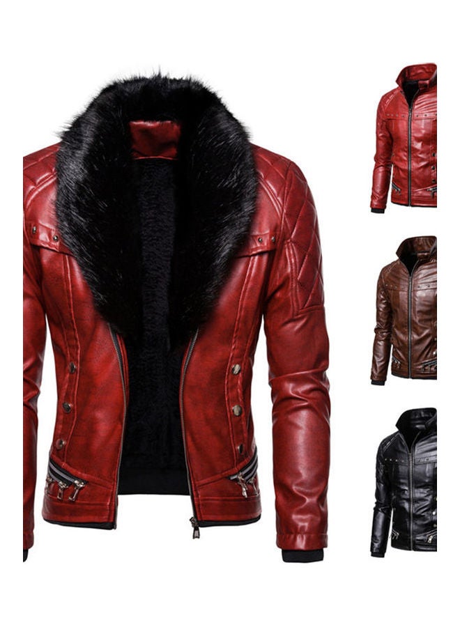 Pu Jacket Removeable Artificial Furry Collar Rivet Thickened Leather Red  - Image 3