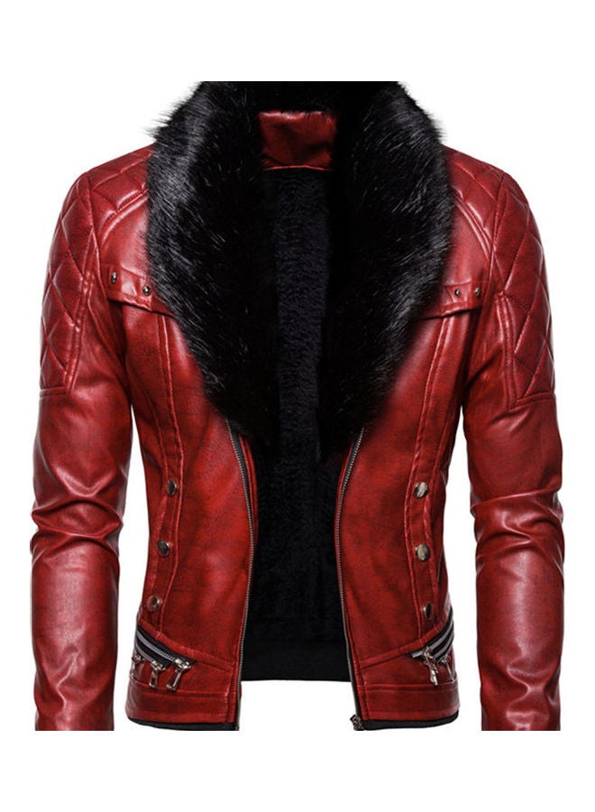 Pu Jacket Removeable Artificial Furry Collar Rivet Thickened Leather Red  - Image 1