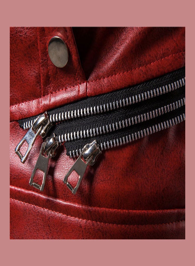 Pu Jacket Removeable Artificial Furry Collar Rivet Thickened Leather Red  - Image 4